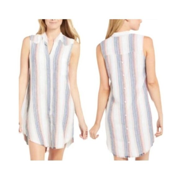 Anthropologie Cloth and Stone Dress Womens Medium Striped Linen Blend Fringe Hem - Picture 1 of 7